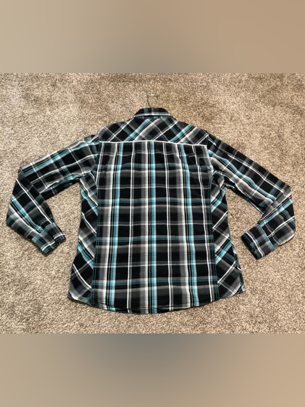 Buckle Black, Teal & White Plaid Athletic Fit Snap Button-Down Shirt Large - Picture 3 of 8